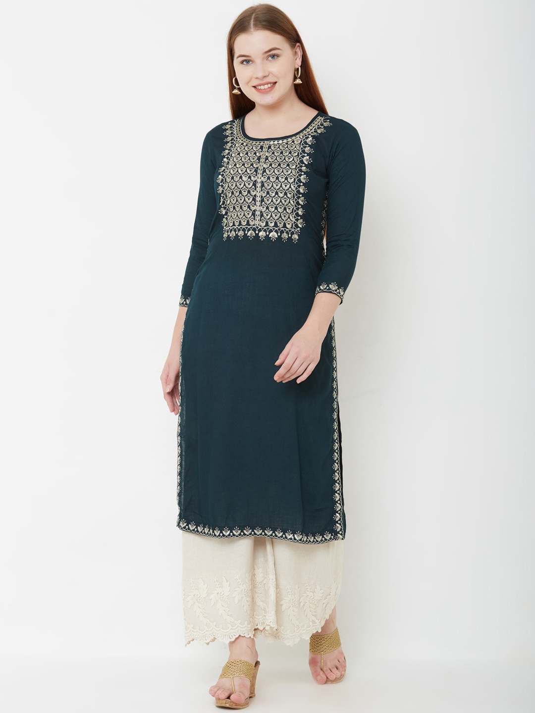 FASHOR Women Green Embroidered Straight Kurta