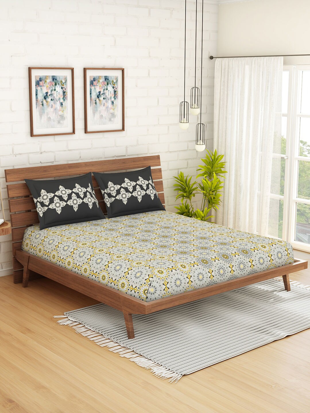 SPACES Grey & Yellow Ethnic Motifs 144 TC Cotton 1 Queen Bedsheet with 2 Pillow Covers
SPACES Grey & Yellow Ethnic Motifs 144 TC Cotton 1 Queen Bedsheet with 2 Pillow Covers