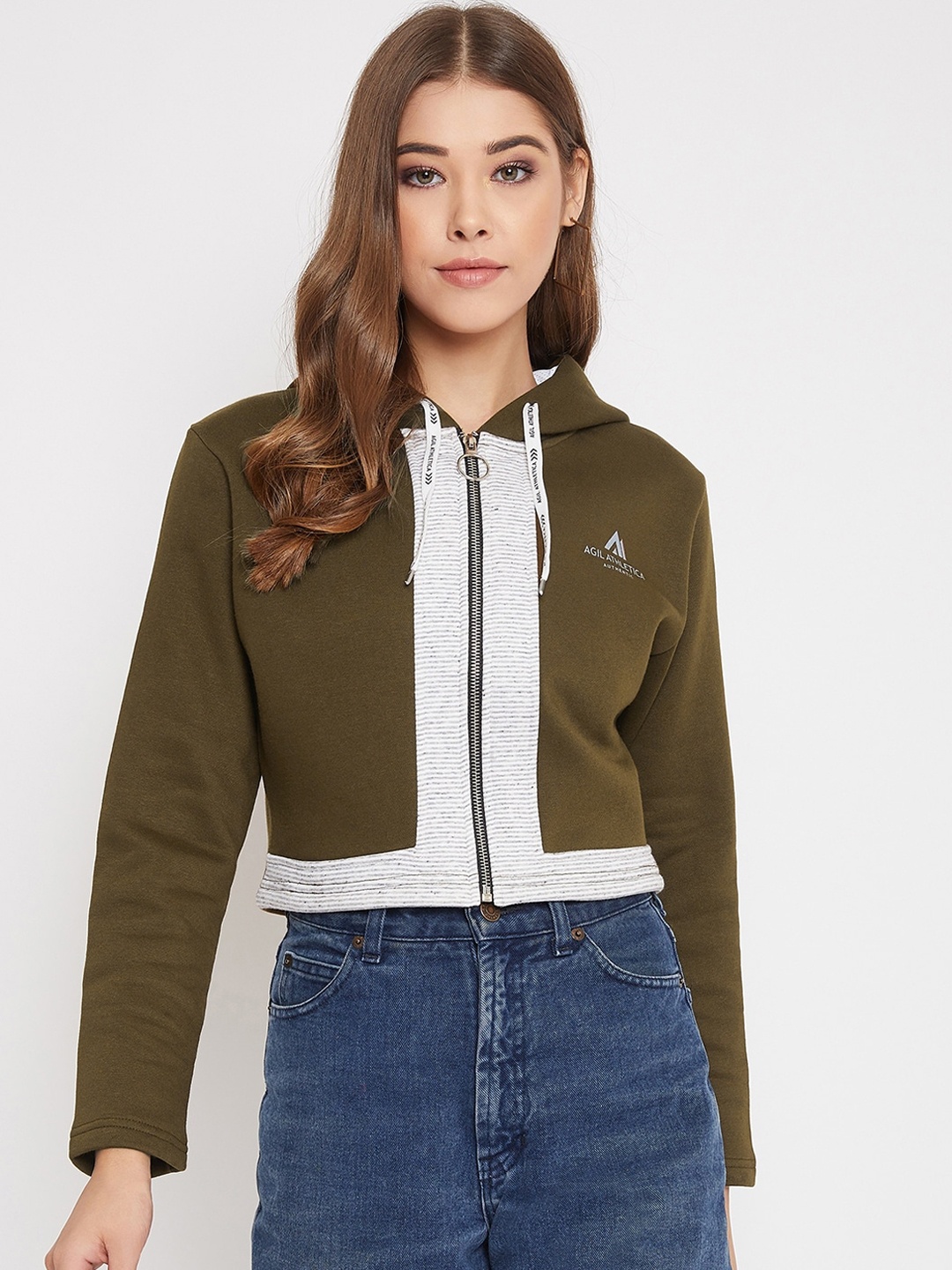 AGIL ATHLETICA Women Olive Green Solid Crop Tailored Jacket