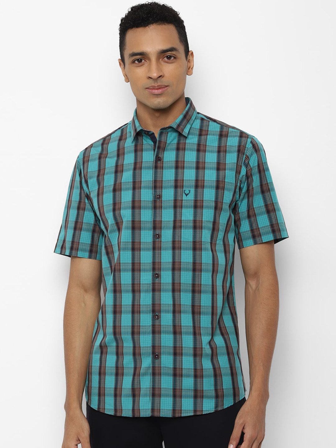 Allen Solly Men Turquoise Blue & Brown Slim Fit Checked Casual Shirt