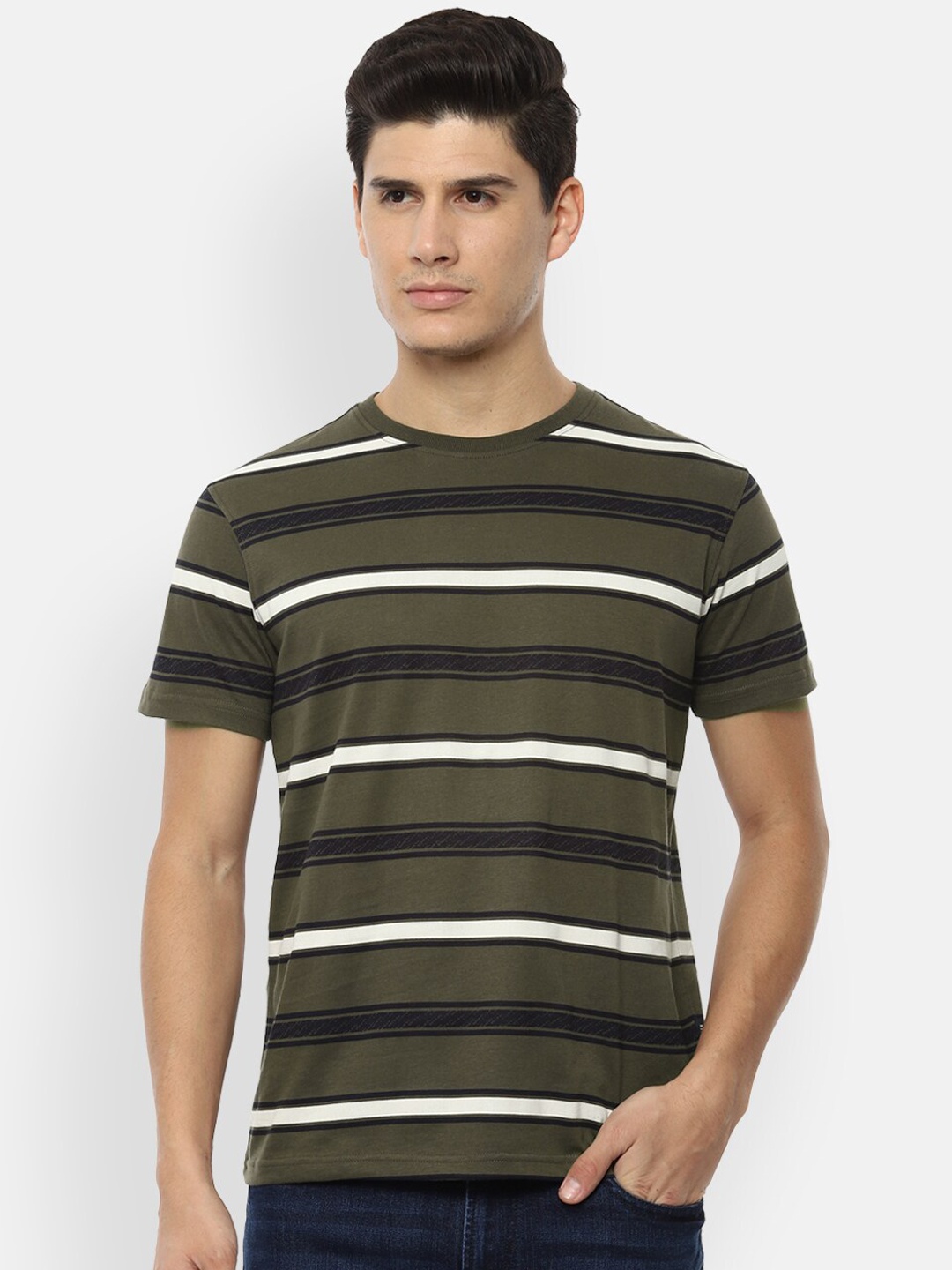 Van Heusen Sport Men Olive Green Striped Round Neck Pure Cotton T-shirt