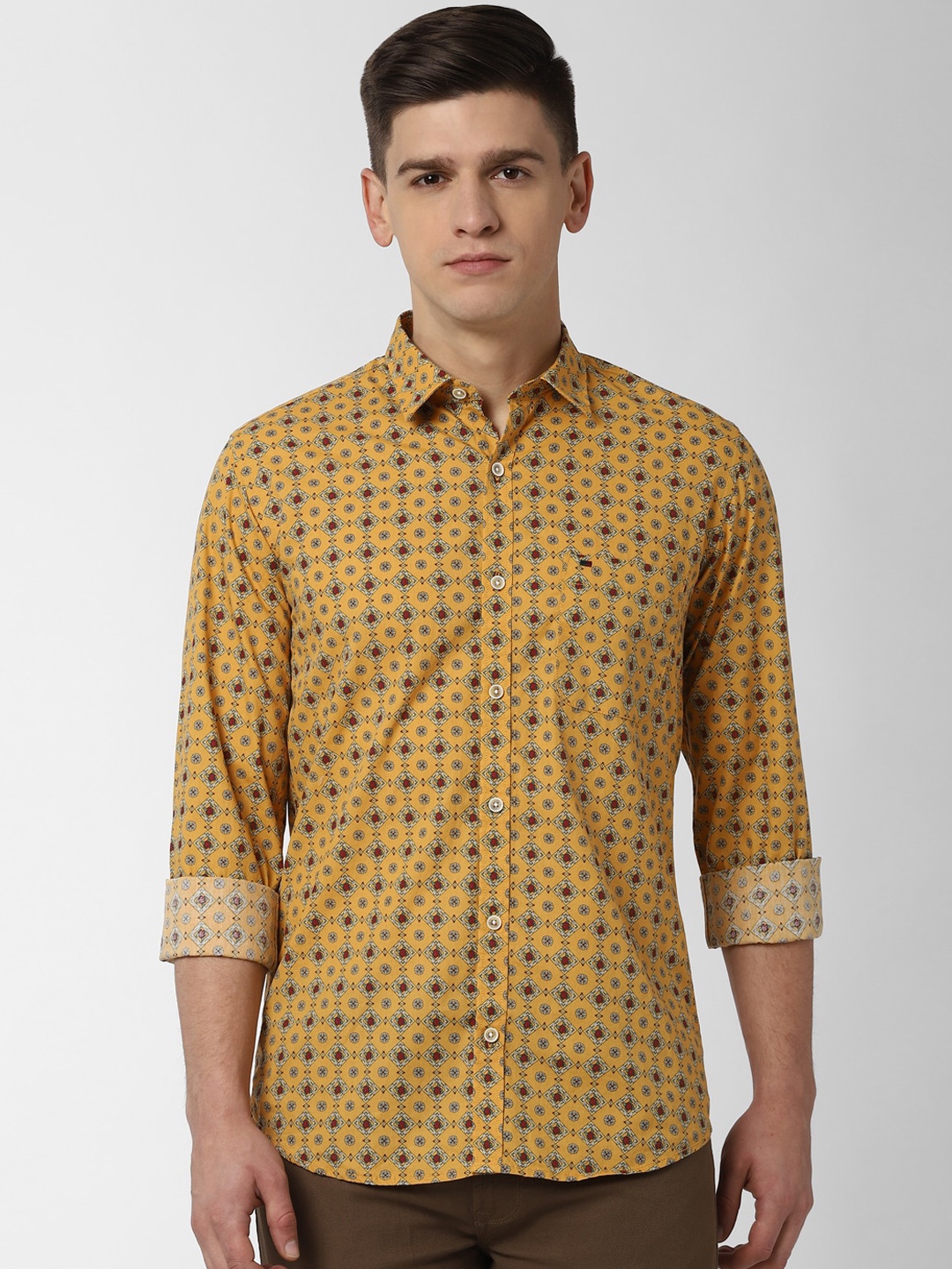 Peter England Casuals Men Yellow Slim Fit Printed Casual Shirt