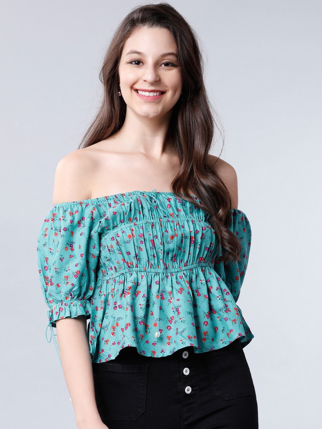 Tokyo Talkies Women Blue Printed Bardot Top