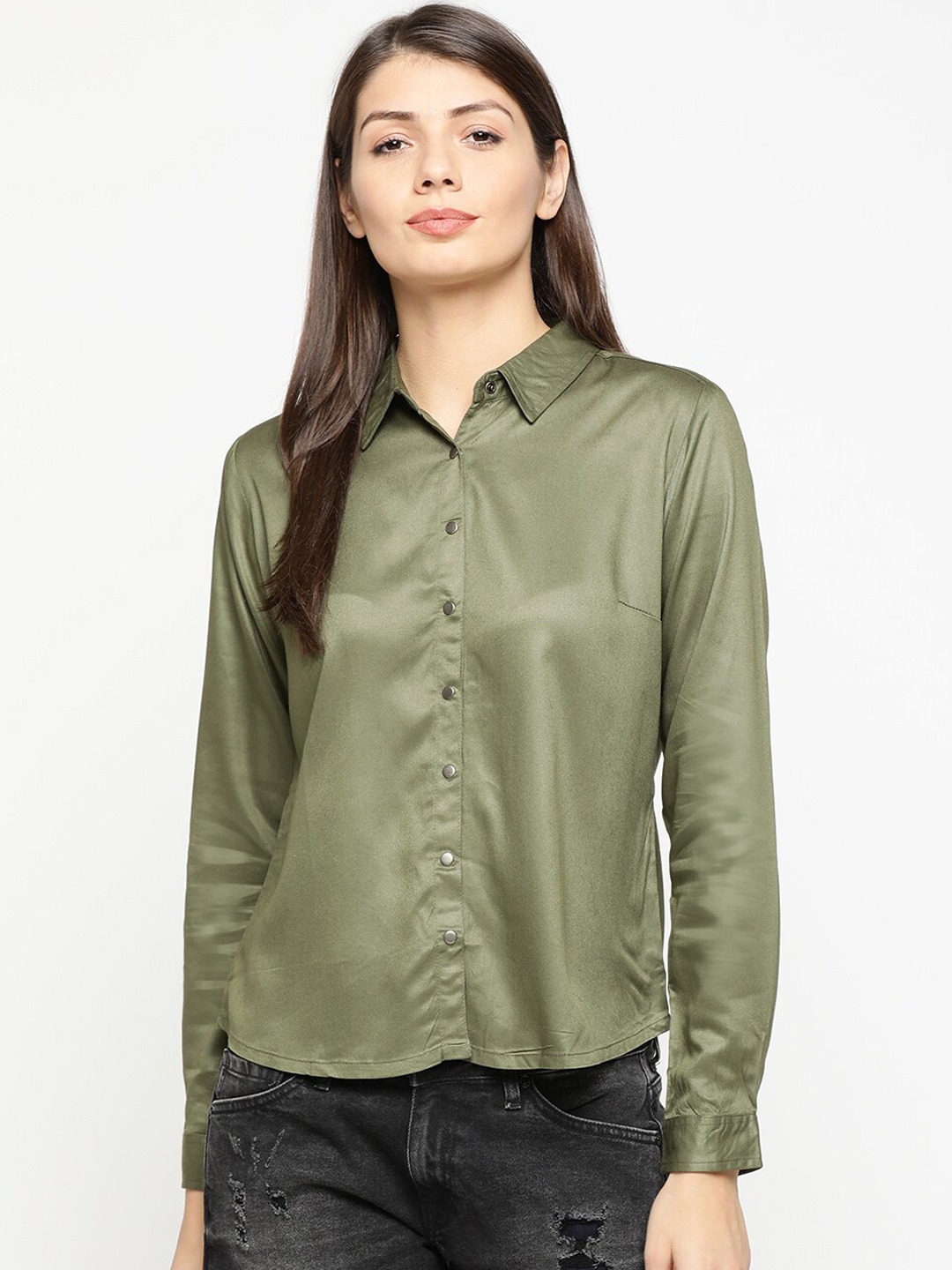 Pepe Jeans Women Olive Green Regular Fit Solid Casual Shirt