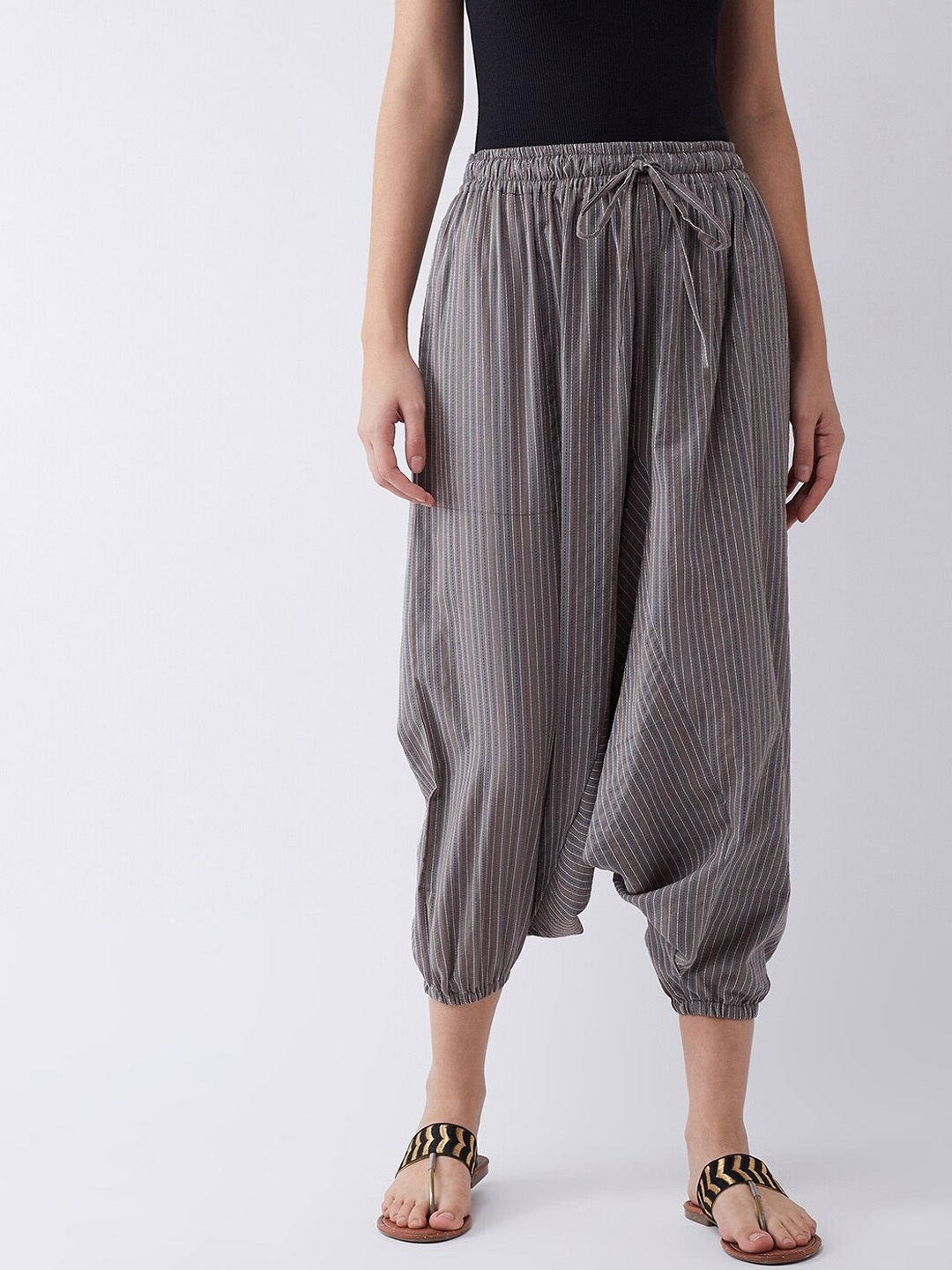 InWeave Women Grey & White Striped Kantha Harem Pant