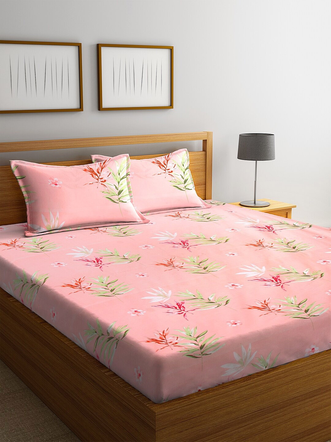SWHF Coral Floral 180 TC Cotton 1 Queen Bedsheet with 2 Pillow Covers