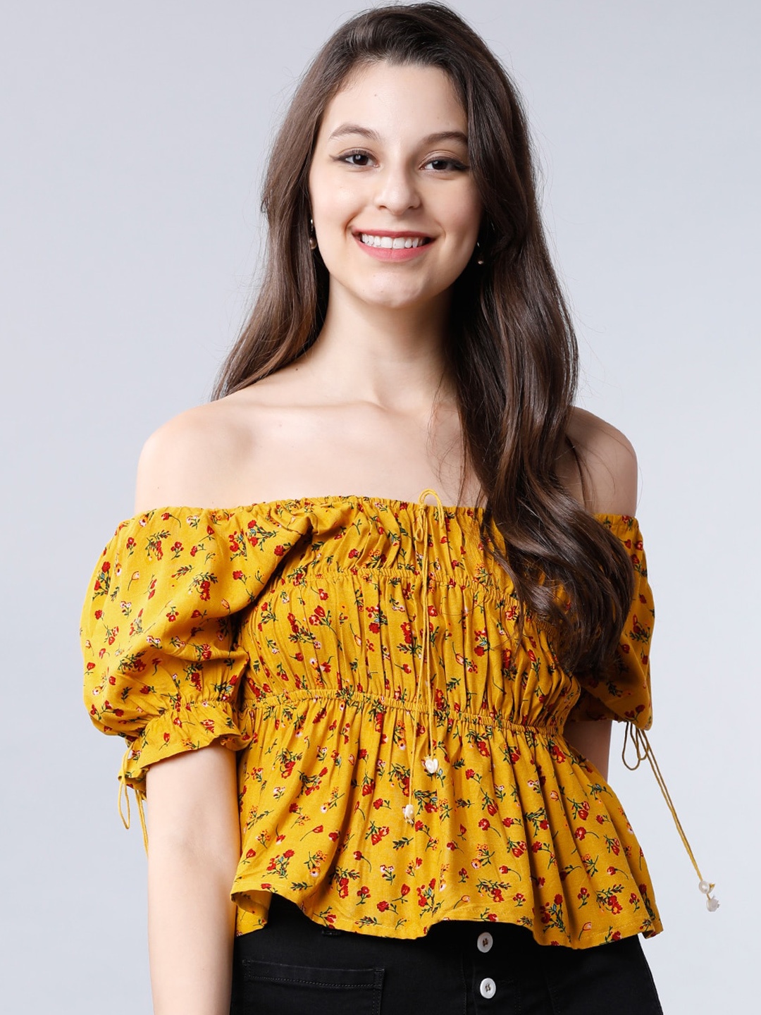 Tokyo Talkies Women Mustard Yellow Printed Bardot Top