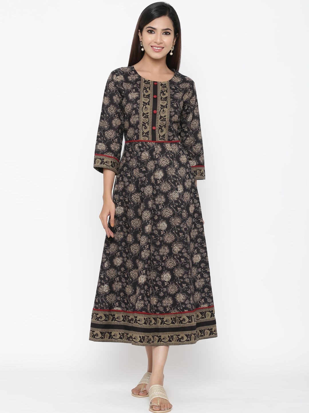 Maaesa Women Black Printed A-Line Ethnic Dress