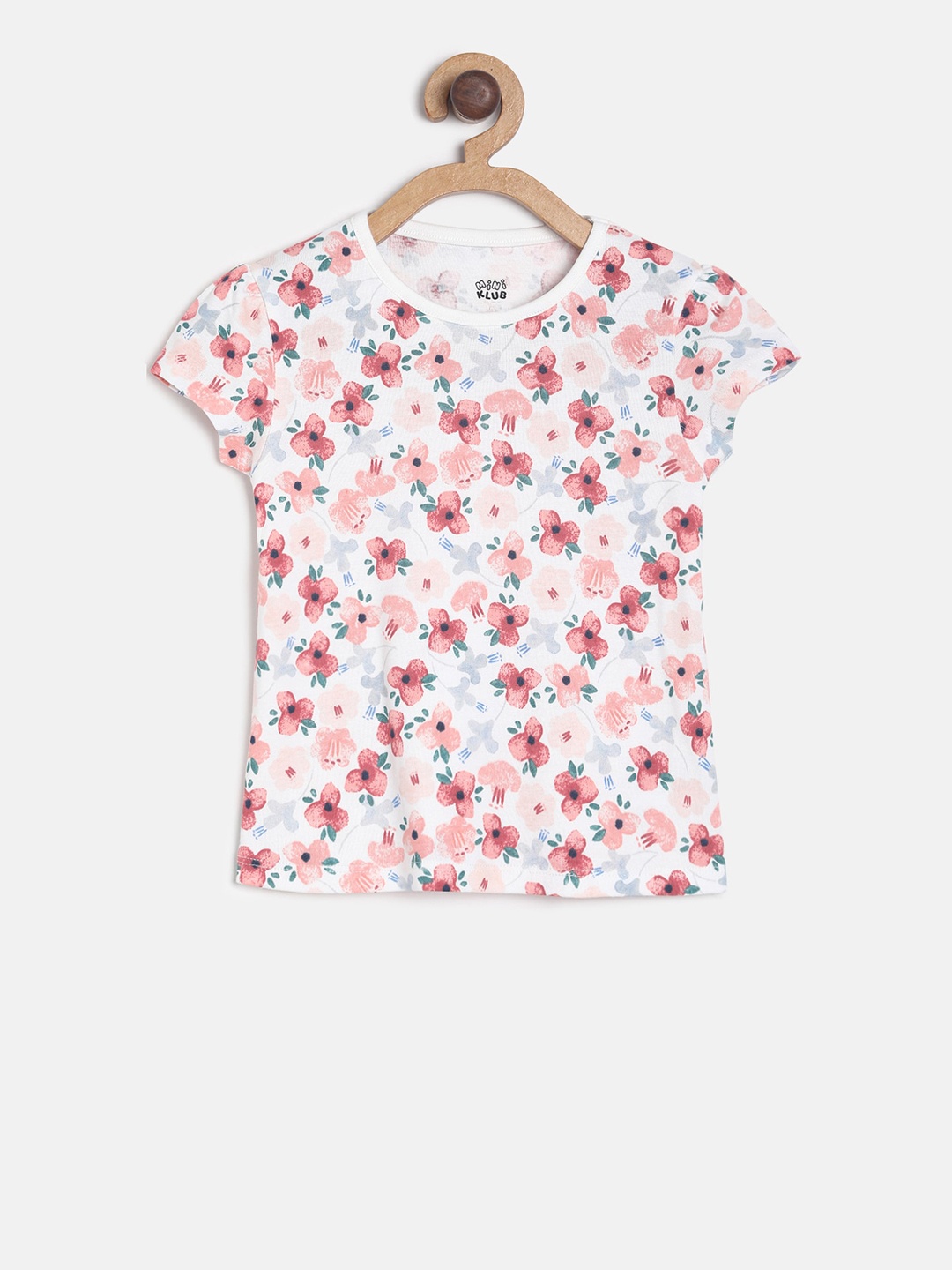MINI KLUB Girls White Floral Printed Pure Cotton Top