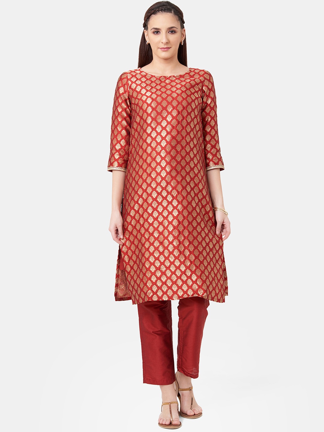 IMARA Women Maroon Self Design Kurta with Trousers