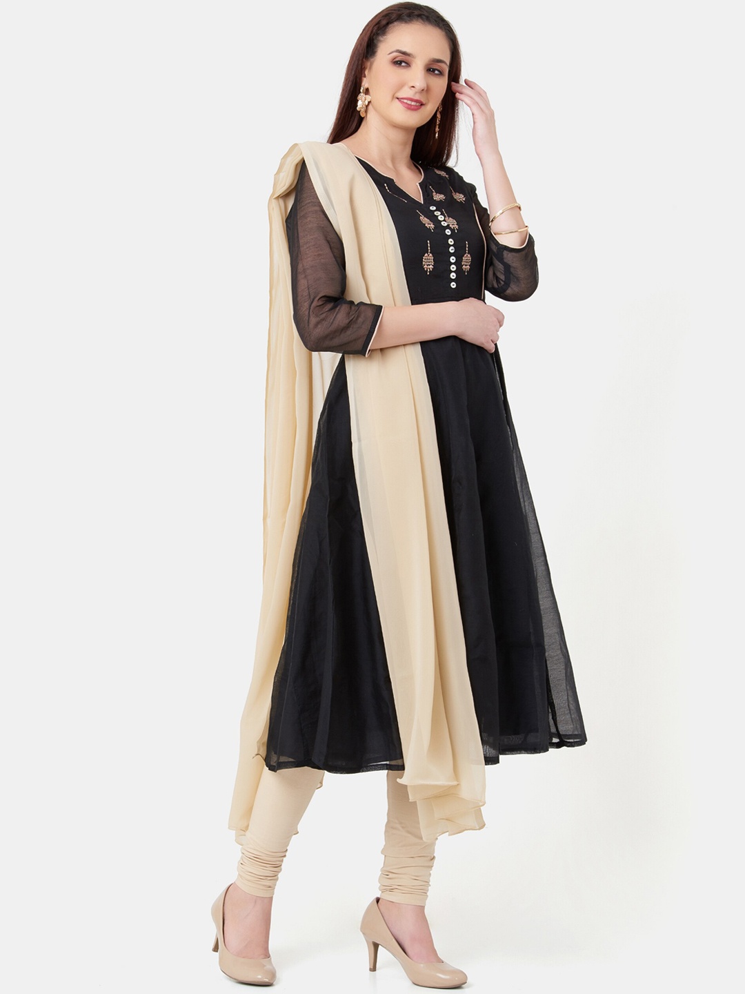 IMARA Women Black & Gold-Toned Embroidered Kurta with Churidar & Dupatta
