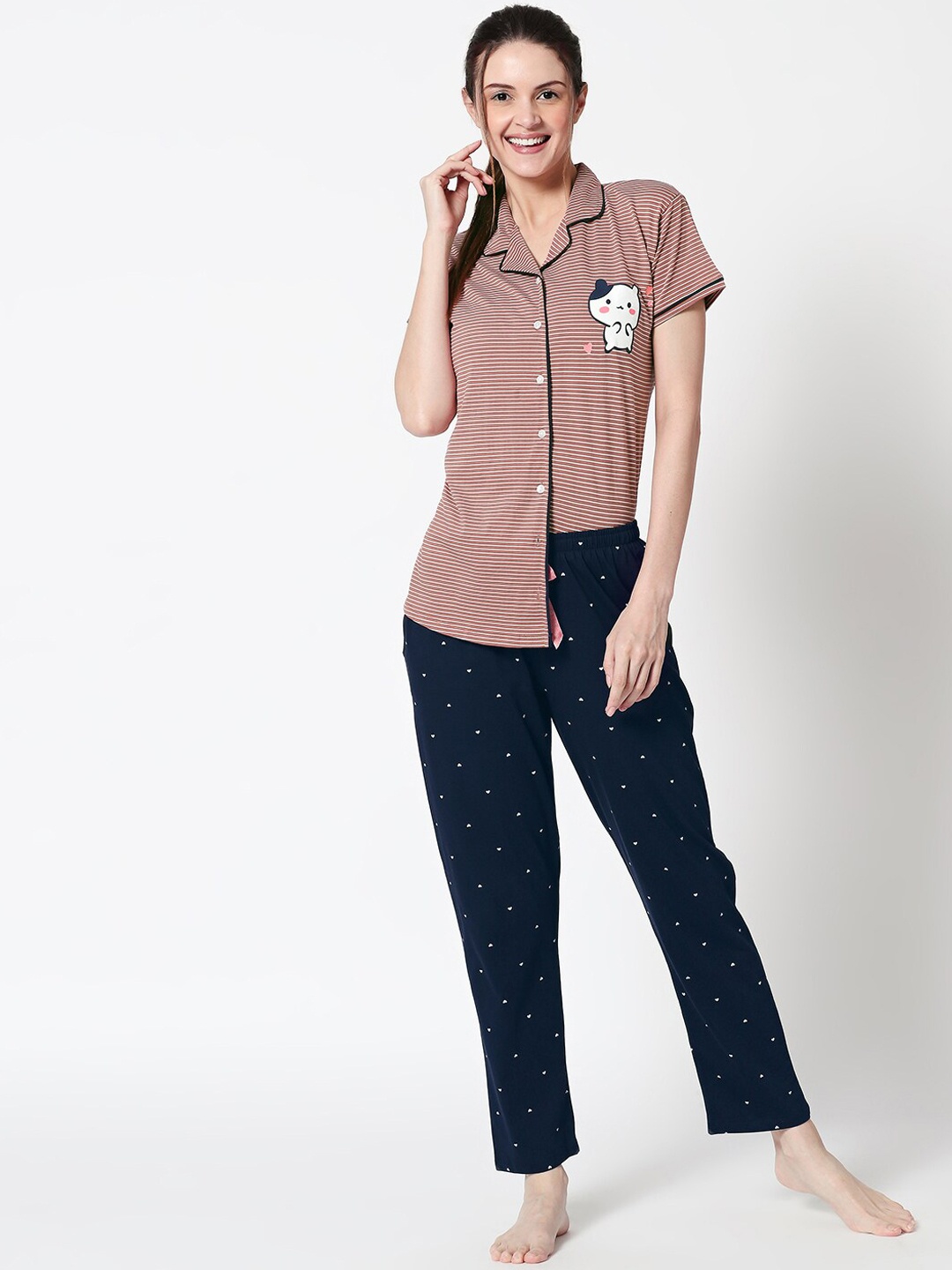 Zeyo Women Brown & Navy Blue Striped Night suit