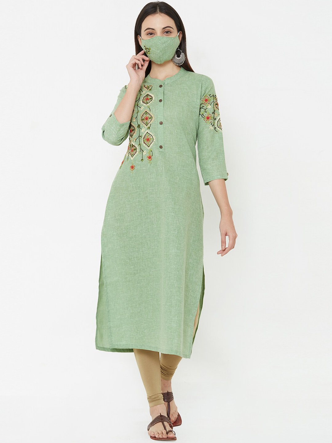 FASHOR Women Green Woven Design A-Line Kurta
