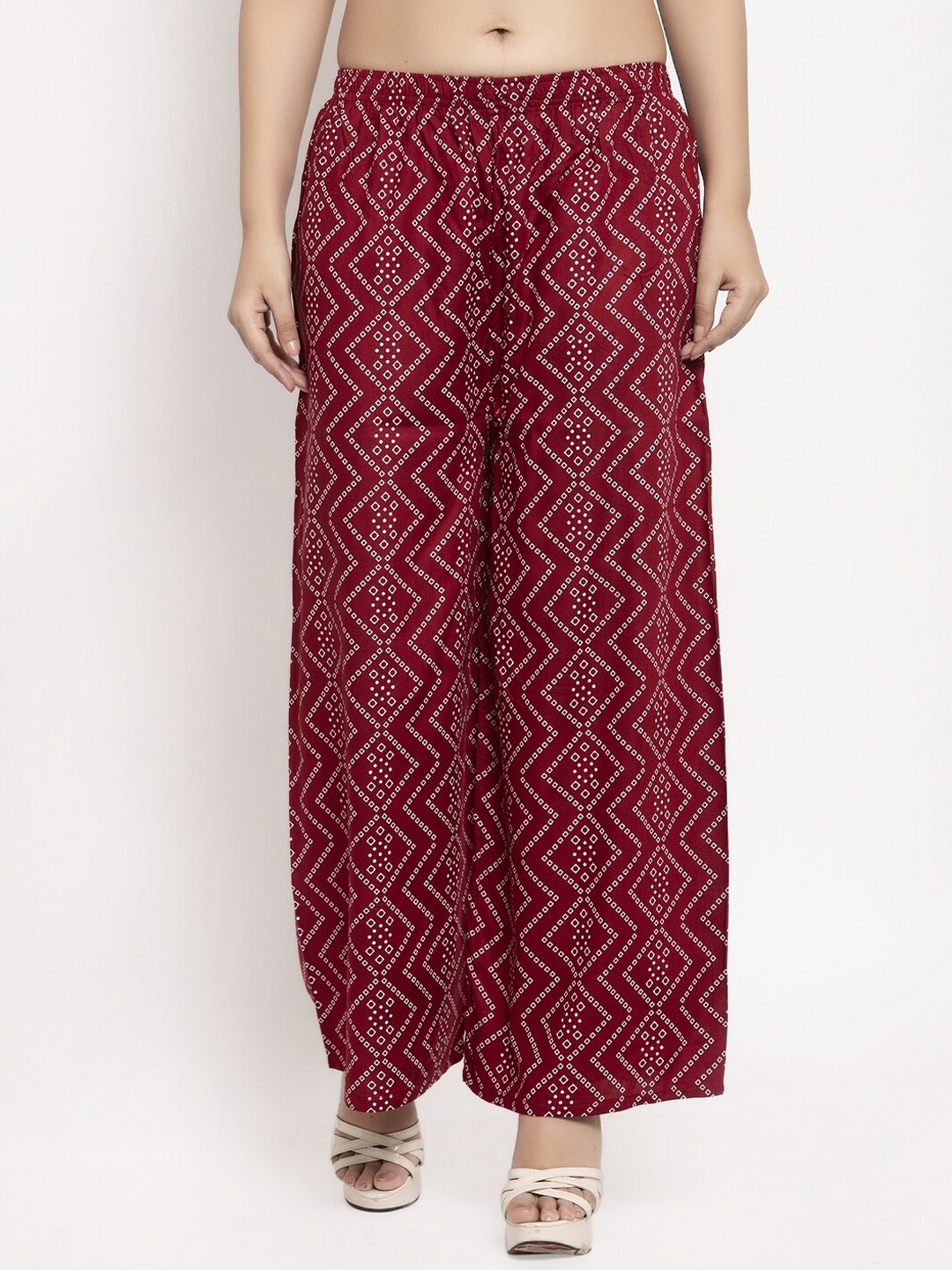 KLOTTHE Women Maroon & Off-White Printed Straight Palazzos