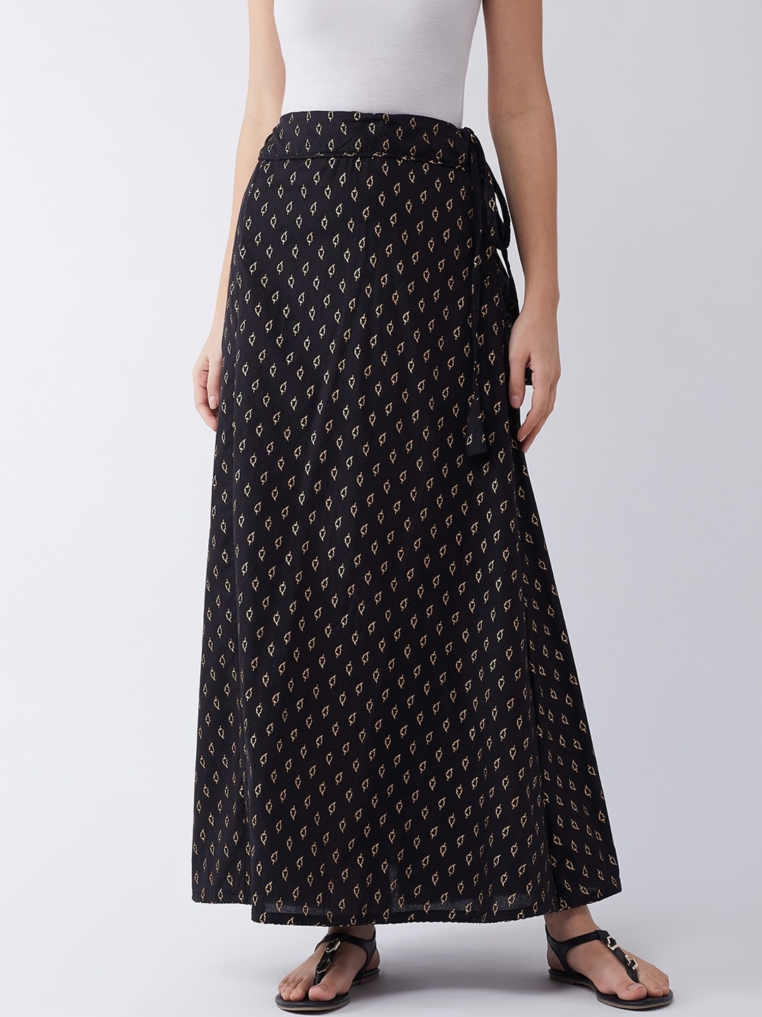 InWeave Women Black & Gold-Toned Printed Flared Maxi Pure Cotton Skirt