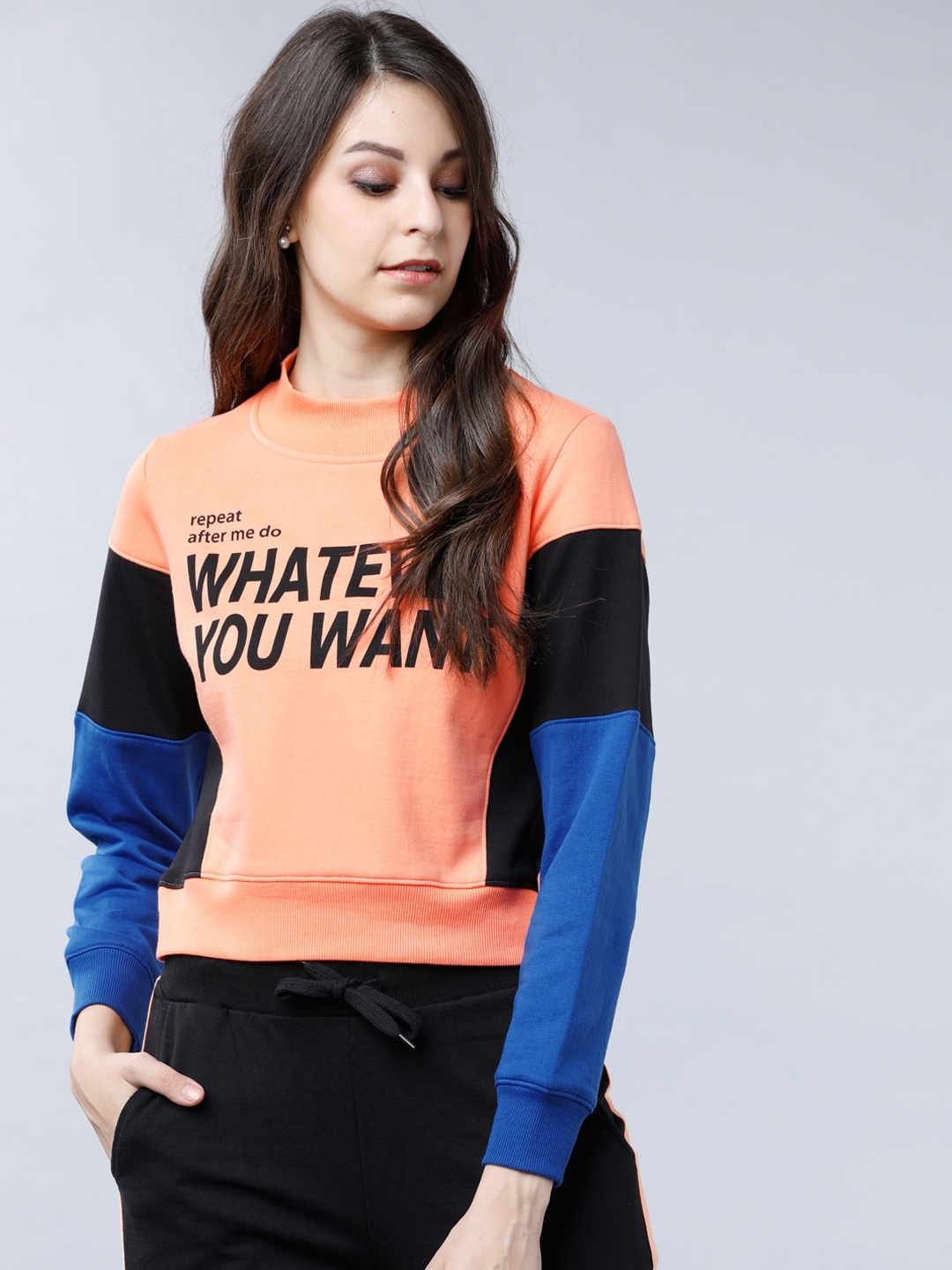 Tokyo Talkies Women Peach-Coloured Colourblocked Crop Sweatshirt