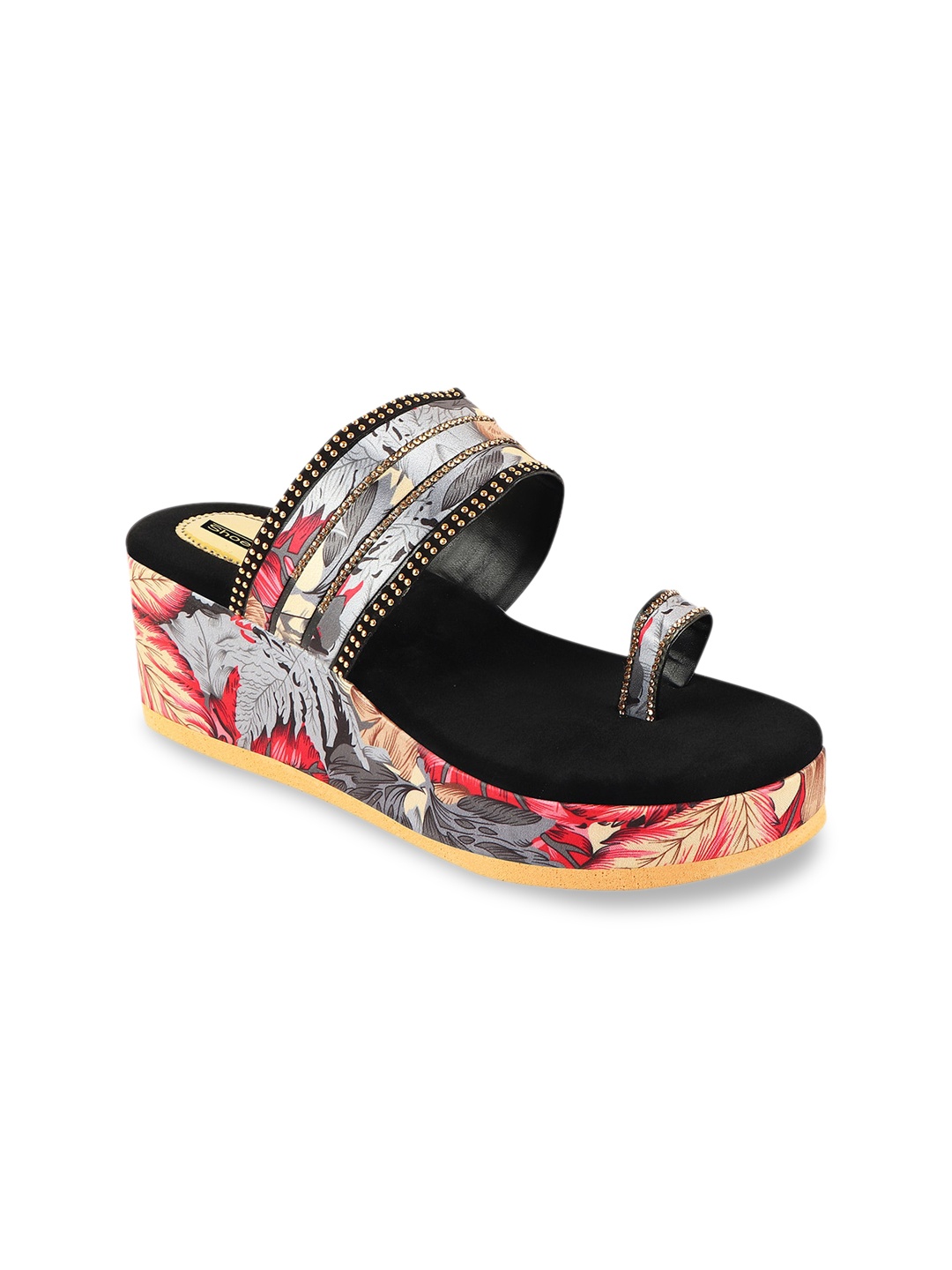 Shoetopia Women Grey & Red Woven Design Wedges