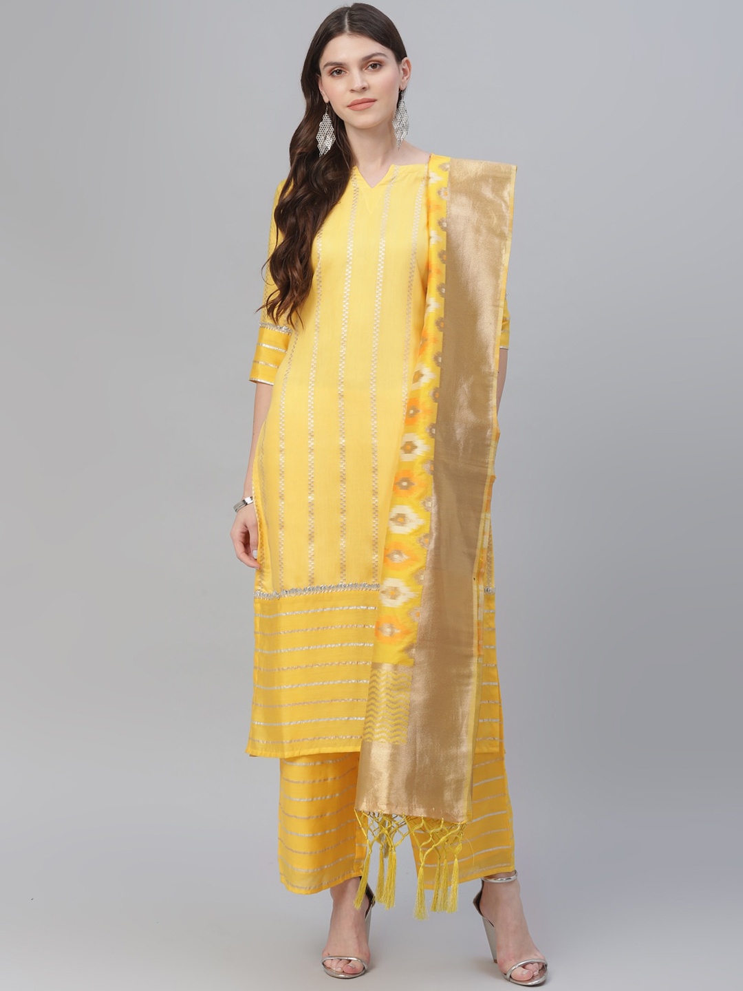 Libas Women Yellow & Gold-Toned Regular Straight Chanderi Kurta & Palazzos With Dupatta
Libas Women Yellow & Gold-Toned Regular Straight Chanderi Kurta & Palazzos With Dupatta