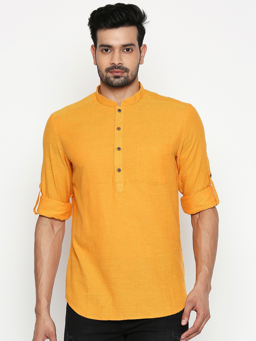 indus route by Pantaloons Men Mustard Yellow Woven Design Straight Kurta
