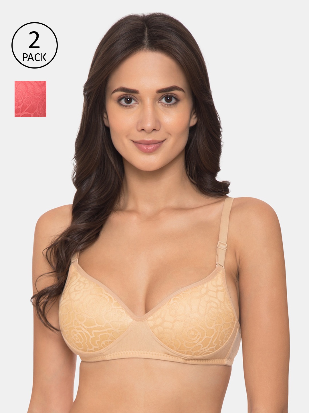 KOMLI Pack Of 2 Beige & Coral Pink Self-Design Non-Wired Lightly Padded T-shirt Bra
