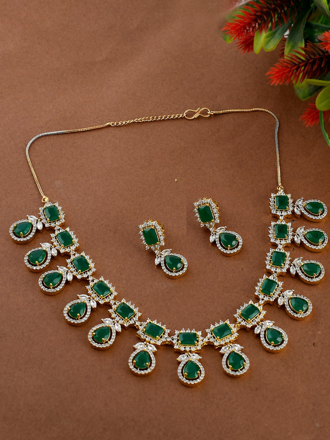 Silvermerc Designs Women Gold-Plated & Green American Diamond Studded Handcrafted Enamelled Jewellery Set
Silvermerc Designs Women Gold-Plated & Green American Diamond Studded Handcrafted Enamelled Jewellery Set