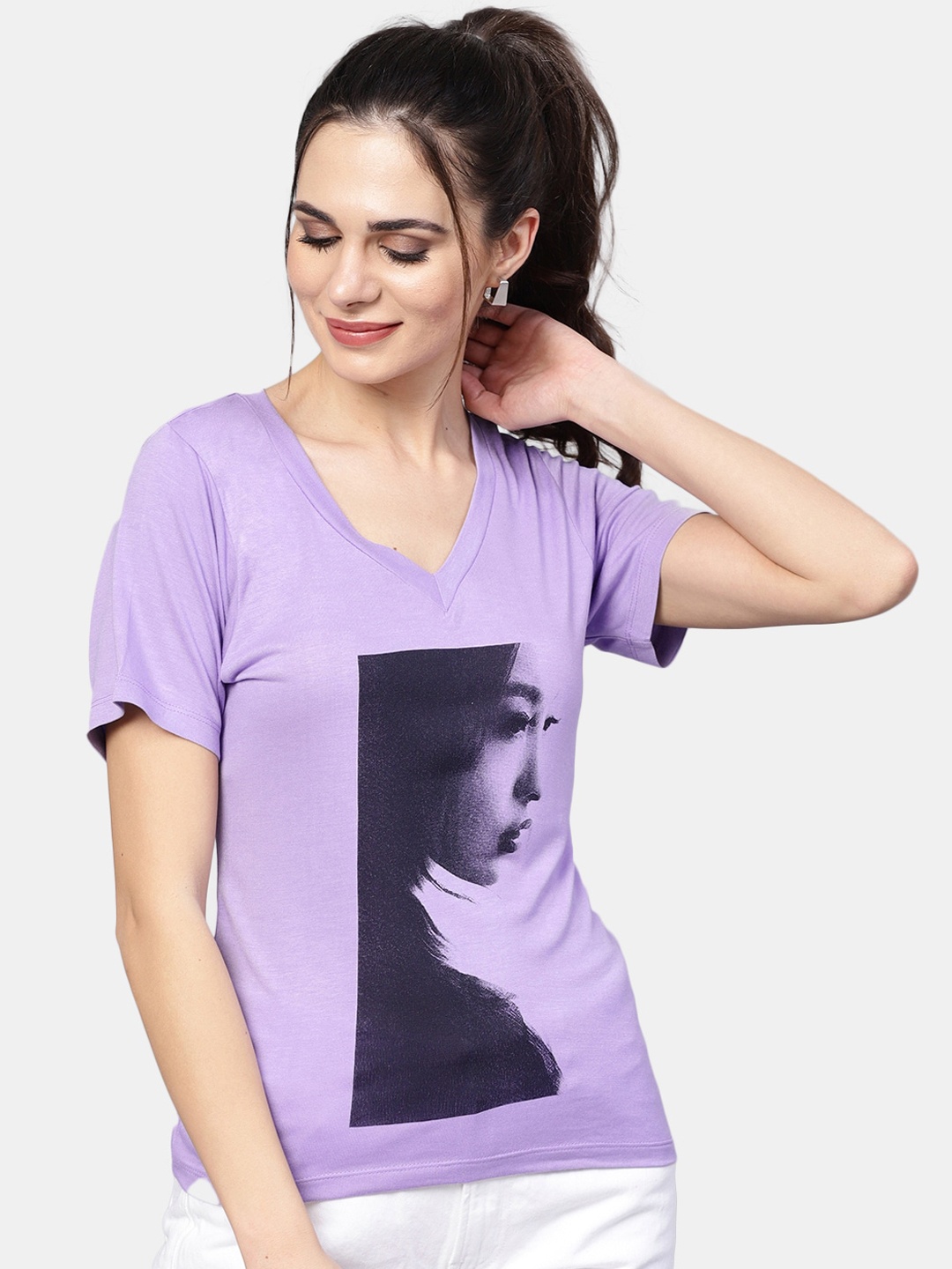 DIVA WALK EXCLUSIVE Women Purple Printed V-Neck T-shirt