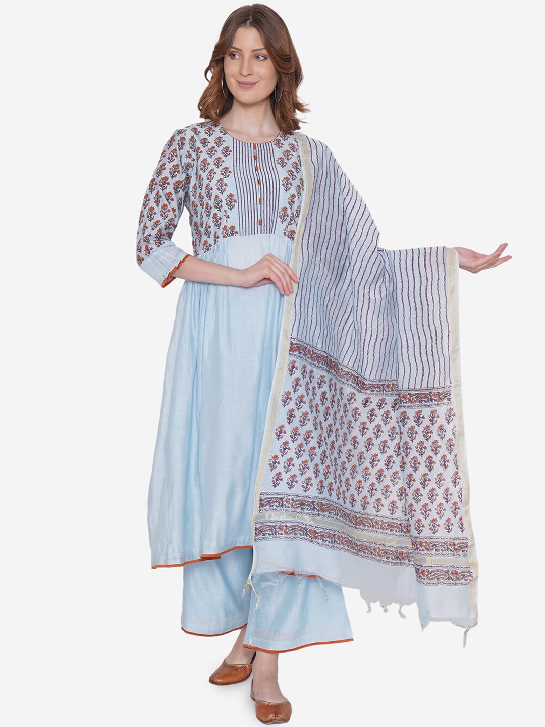 Laado - Pamper Yourself Women Blue Yoke Hand Blocked Printed Kurta with Palazzos & Dupatta