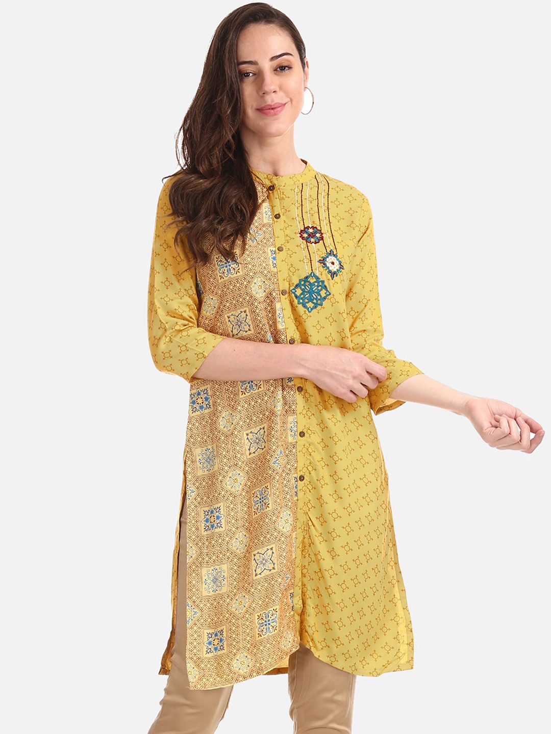Karigari Women Mustard Yellow Printed Straight Kurta