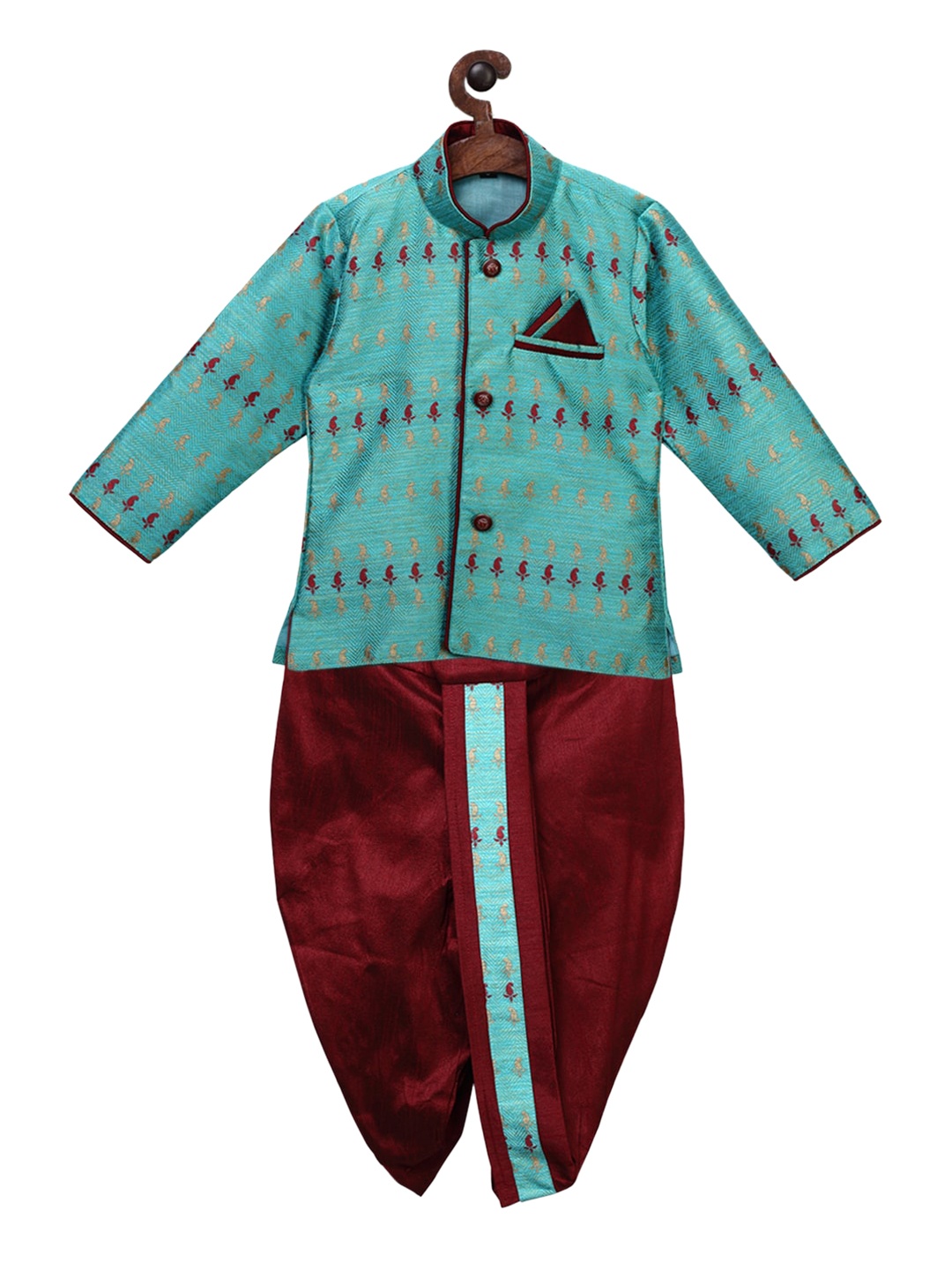 Ridokidz Boys Turquoise Blue & Maroon Embroidered Kurti with Dhoti Pants