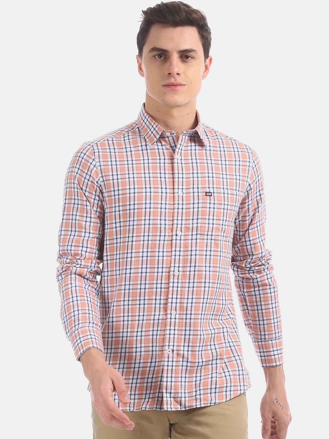 Arrow Sport Men Orange & White Regular Fit Checked Casual Shirt