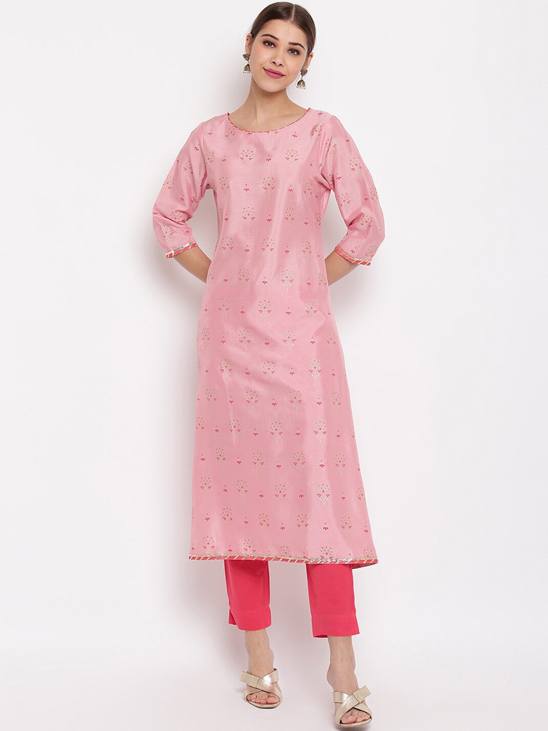Janasya Women Pink & Red Printed A-Line Kurta