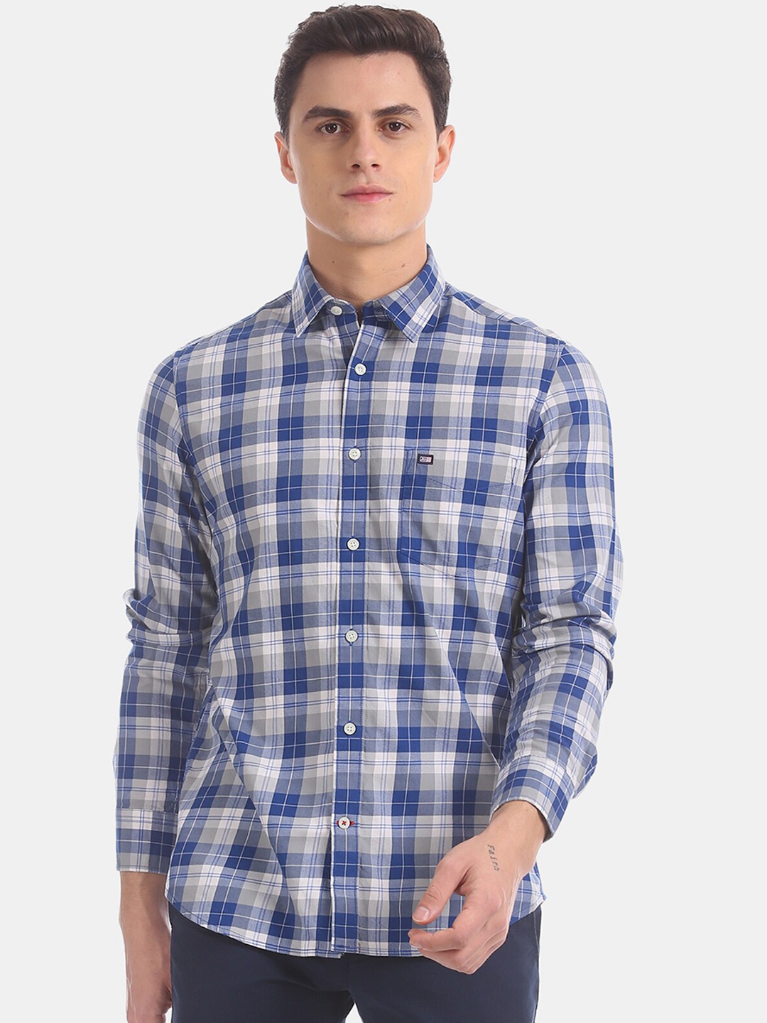 Arrow Sport Men Blue & Grey Regular Fit Checked Casual Shirt