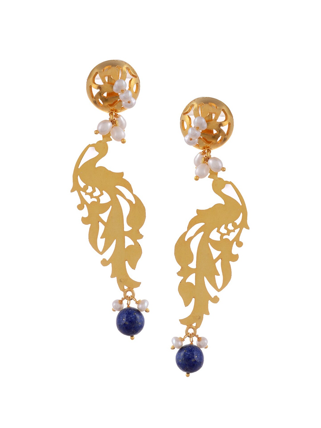 Silvermerc Designs Gold-Toned & Blue Peacock Shaped Drop Earrings