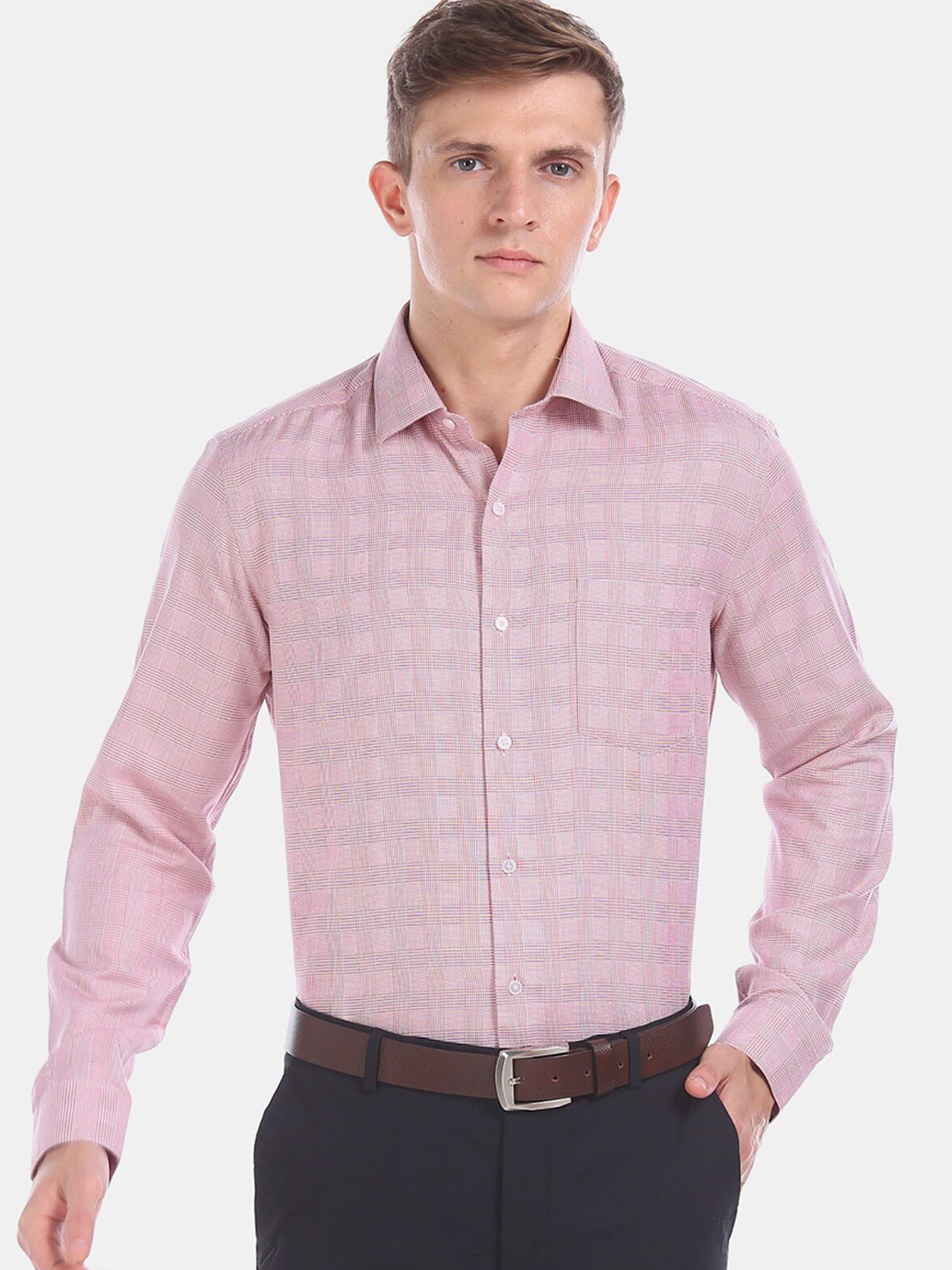 Arrow Men Burgundy & White Checked Formal Shirt