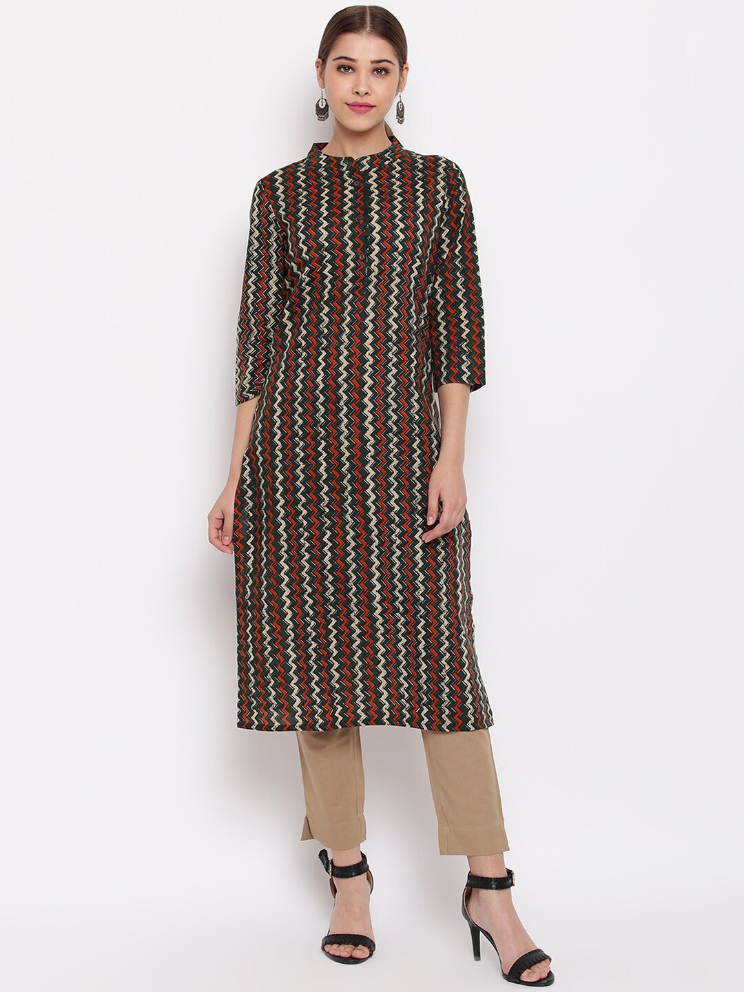 Janasya Women Green & Black Printed Straight Kurta
