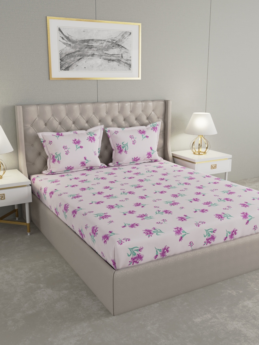 Raymond Home White & Purple Floral-Print 104 TC Bedsheet With 2 Pillow Covers