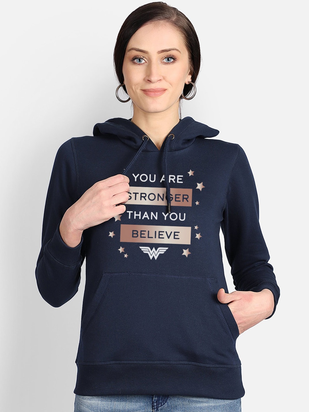 Free Authority Wonder Woman Print Navy Hoodie For Women, Navy blue