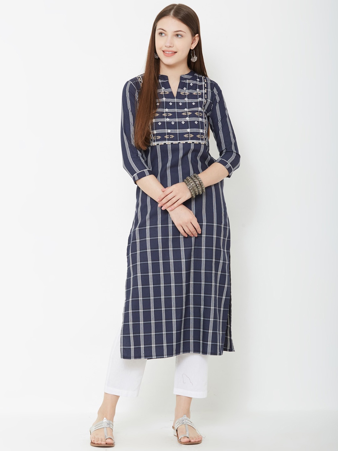 FASHOR Women Navy Blue & White Checked A-Line Kurta
