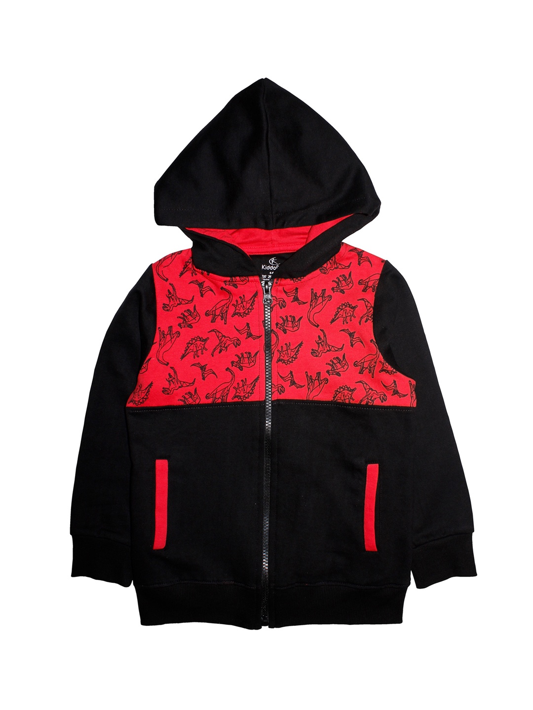 KiddoPanti Boys Black & Red Printed Hooded Sweatshirt
