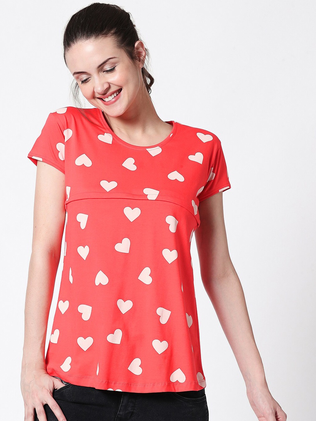 Zeyo Women Red Printed Nursing & Feeding Pure Cotton Top