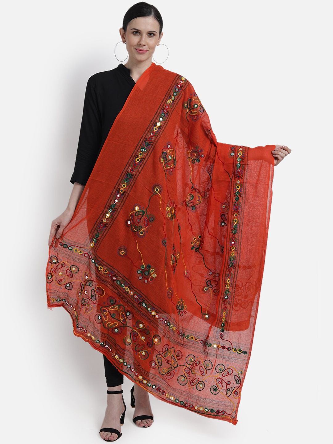 Vastraa Fusion Women Orange & Yellow Embroidered Cotton Dupatta
