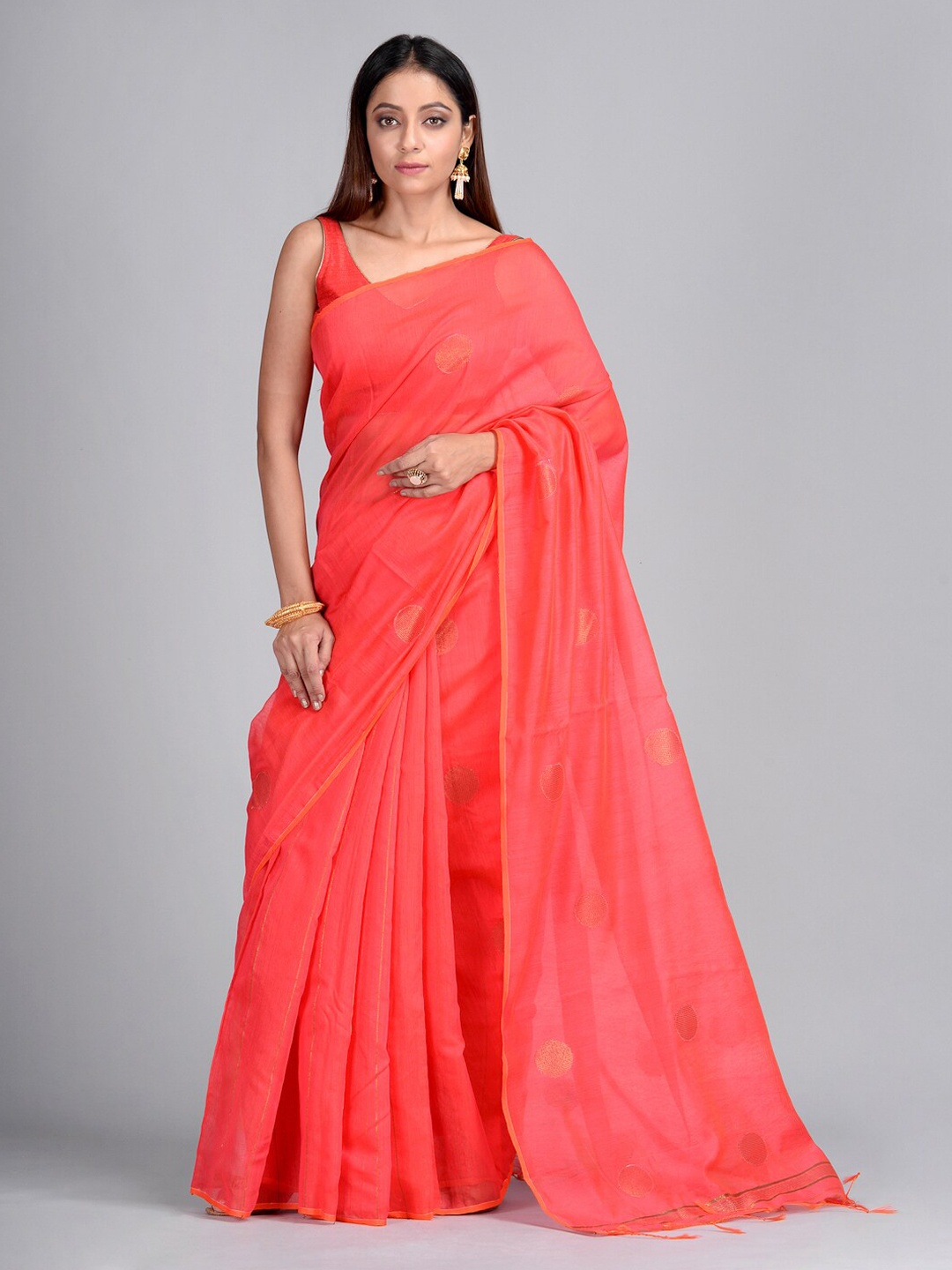 Mitera Pink Cotton Blend Solid Taant Saree