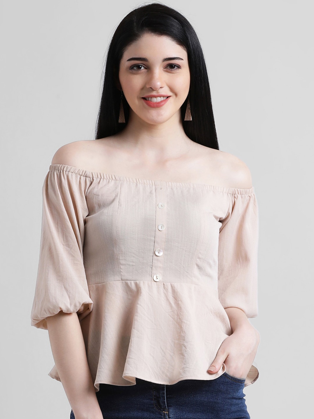 Zink London Women Beige Solid Peplum Top