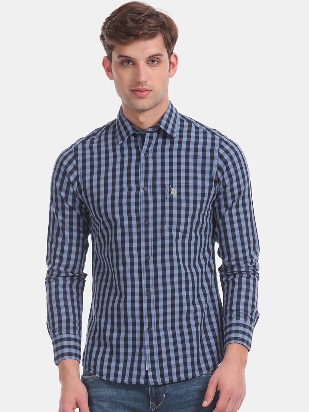 U.S. Polo Assn. Men Blue & Black Regular Fit Checked Casual Shirt