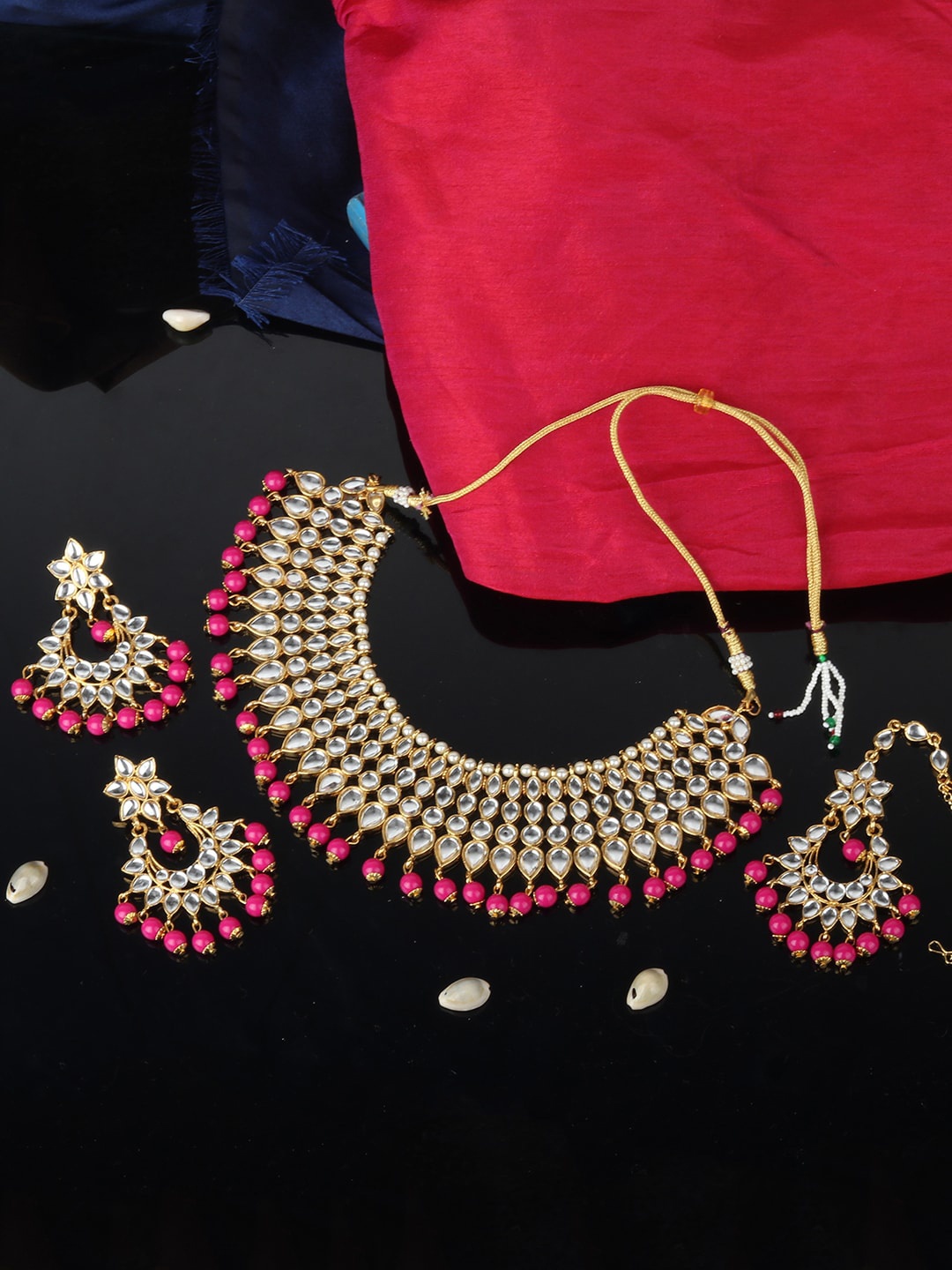 ANIKAS CREATION Gold-Plated Beige & Magenta Stone Studded Pearl Embellished Jewellery Set