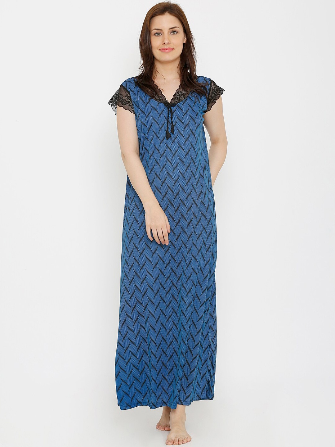 Pretty Awesome Women Blue & Black Printed Maxi Nightdress