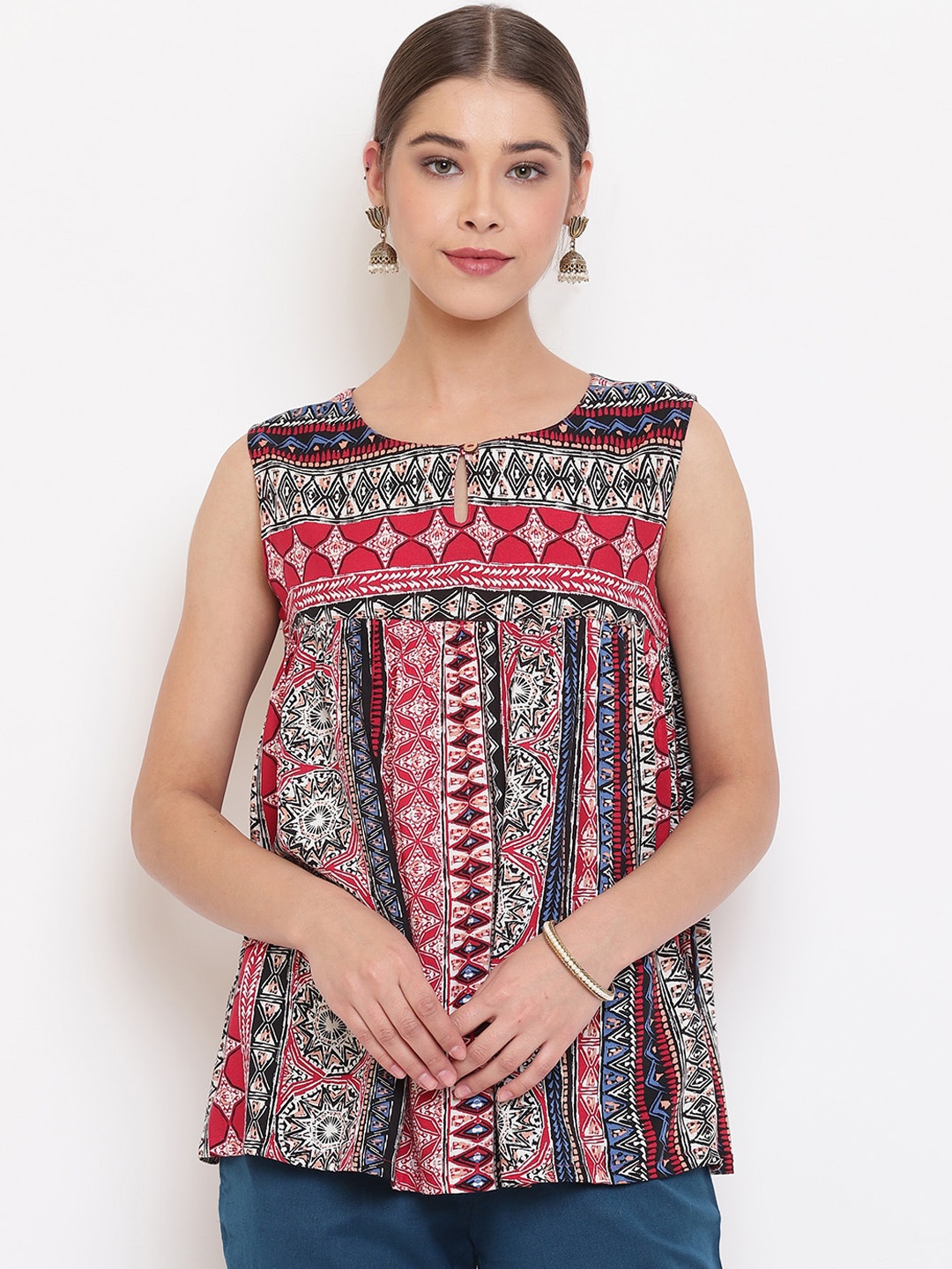 Janasya Women Red Printed A-Line Top