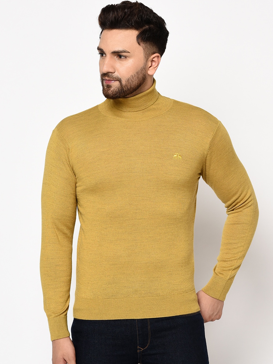 98 Degree North Men Mustard Yellow Solid Sweater