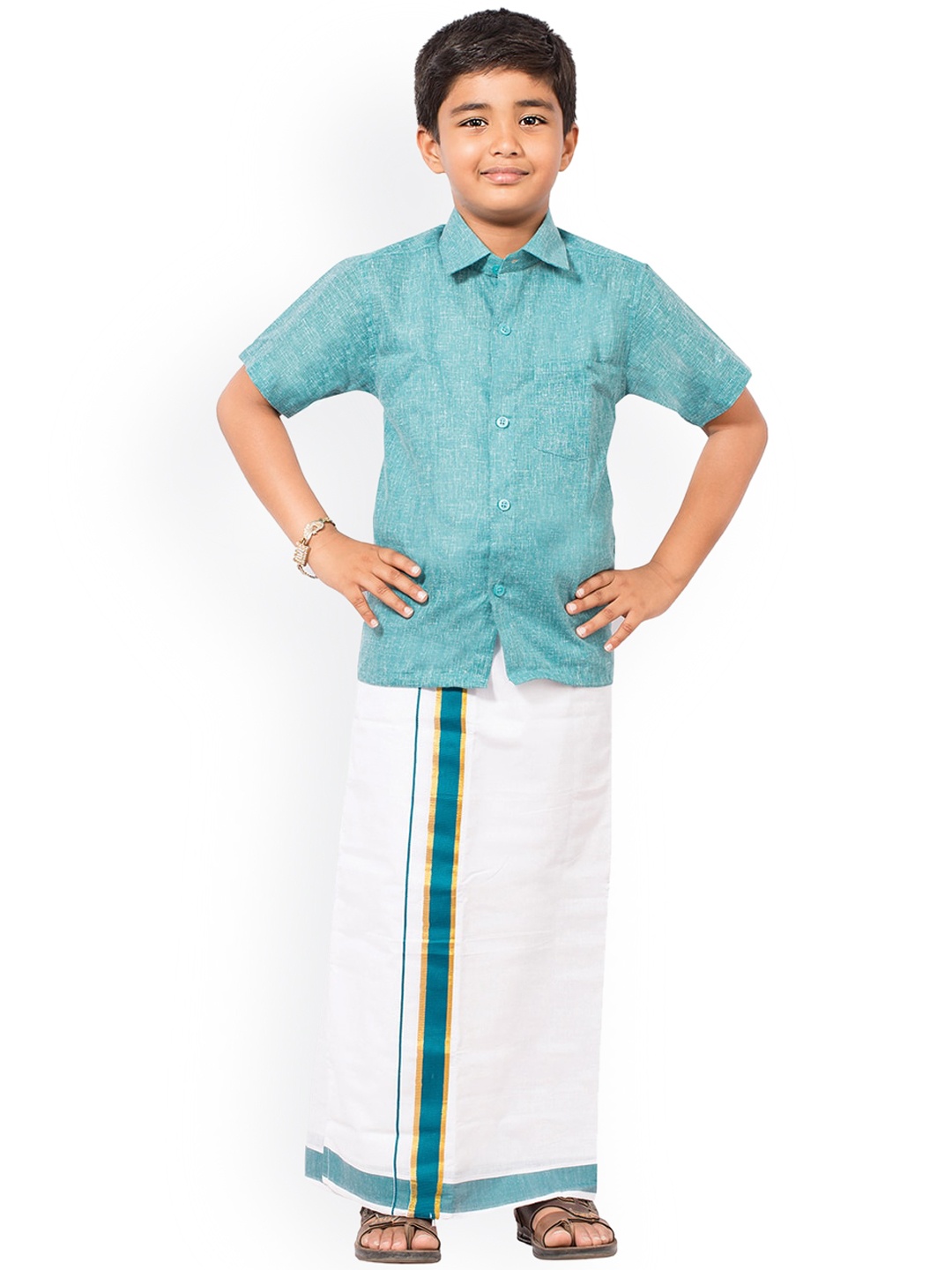 Thangamagan Boys Turquoise Blue & White Solid Shirt and Veshti, Teal