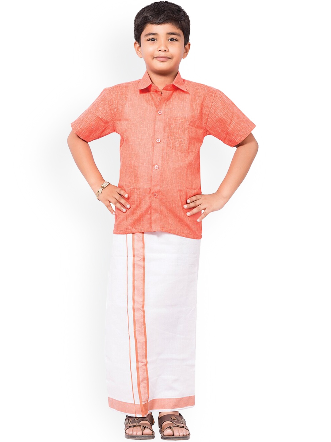 Thangamagan Boys Peach-Colour & White Solid Shirt and Veshti